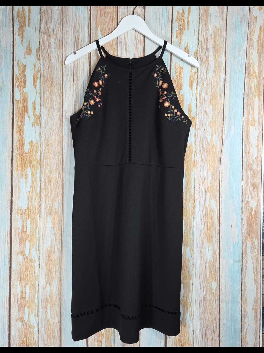 Hailey Lyn Black Embroidered Sleveless Dress With Peek A Boo Accent. Size L